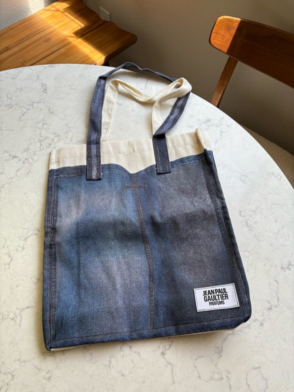 Jean Paul Gaultier Denim-Look Canvas Duffel Tote in Blue and Cream